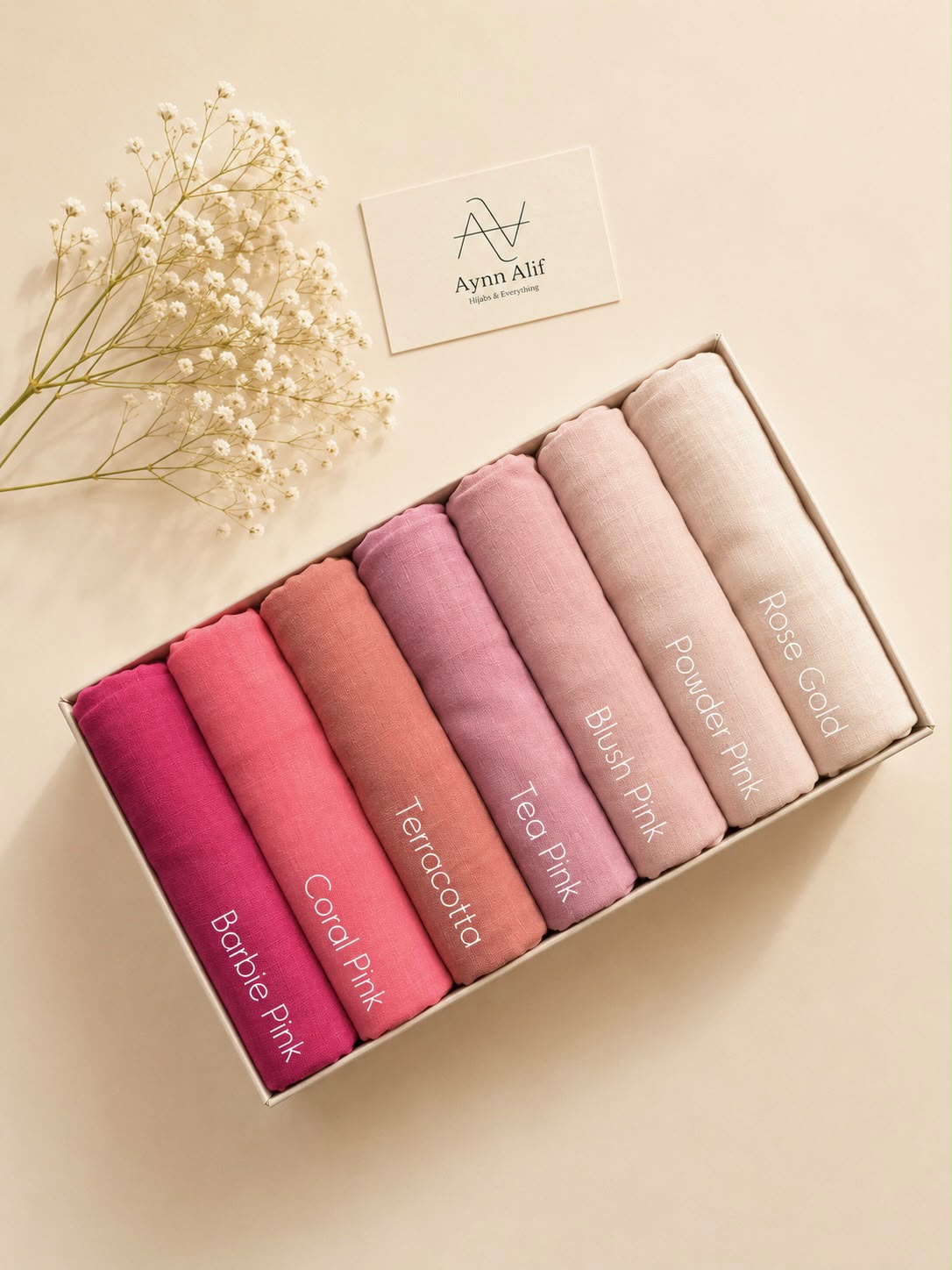 Rosé Bloom Turkish lawn large size hijabs featuring Barbie pink, coral pink, terracotta, tea pink, blush pink, powder pink and rose gold shades.