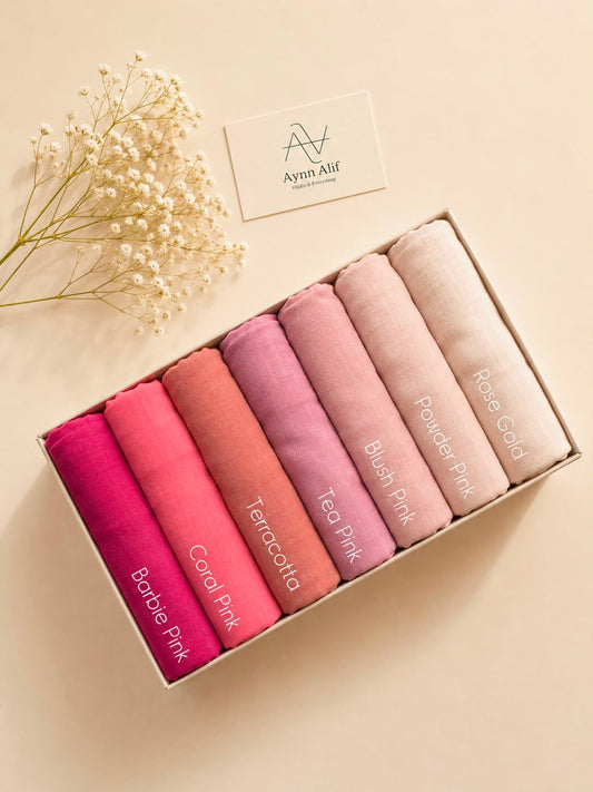 Rosé Bloom Turkish lawn large size hijabs featuring Barbie pink, coral pink, terracotta, tea pink, blush pink, powder pink and rose gold shades.