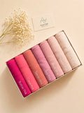 Rosé Bloom Turkish lawn large size hijabs featuring Barbie pink, coral pink, terracotta, tea pink, blush pink, powder pink and rose gold shades.