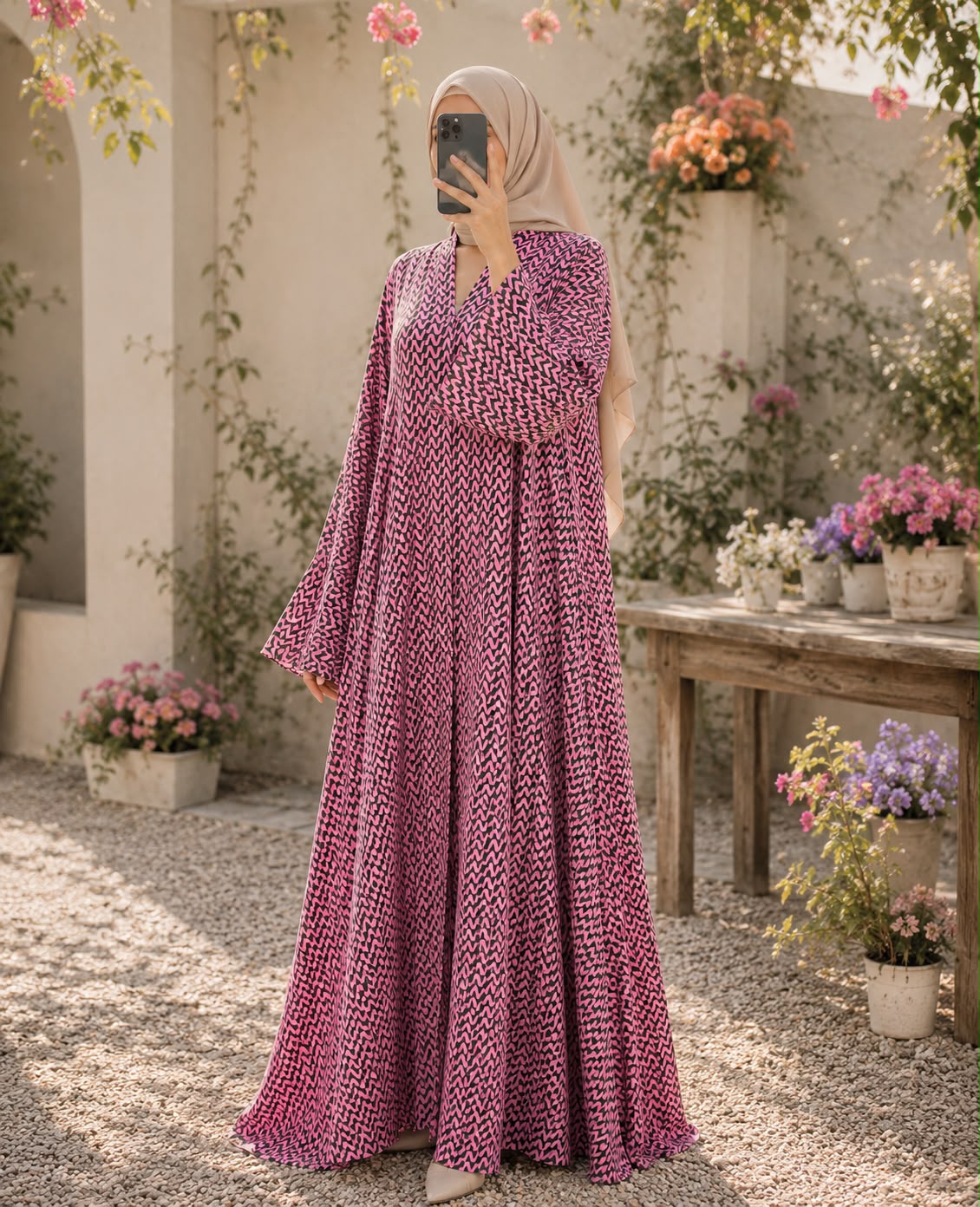 Pink printed front open abaya in Korean Nidah with a double-flare silhouette, styled with a neutral hijab in a flower-filled courtyard.