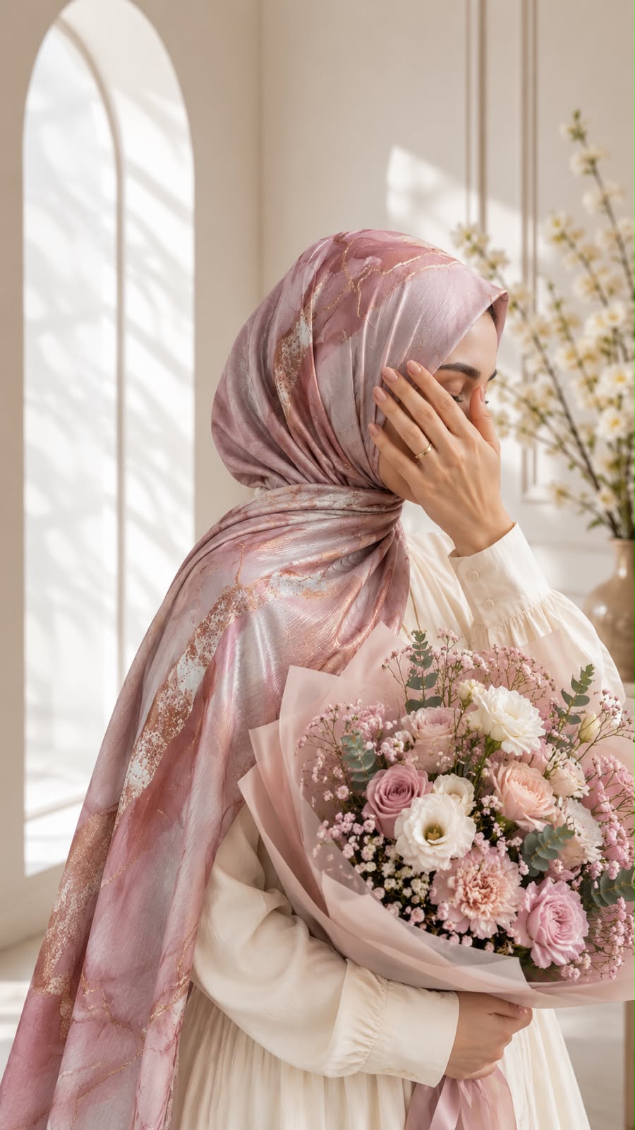 Aynn Alif Rose Marble printed sheen silk hijab in soft dusty pink with elegant marble print