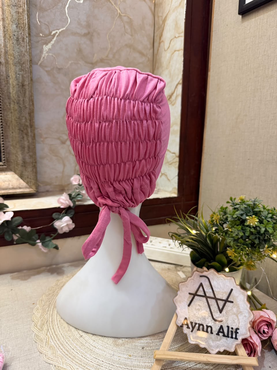 Rose Pink ruched tie back hijab cap made from soft breathable jersey with full head coverage and adjustable tie-back by Aynn Alif.
