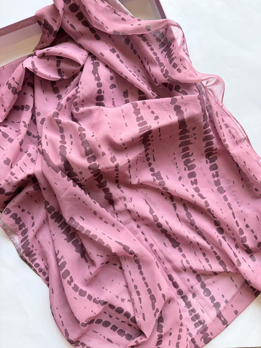 Rose pink chiffon georgette hijab with deep wine tie and dye pattern soft lightweight drape