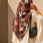Rosewood mocha abstract square chiffon georgette hijab with dusty mauve, burgundy, taupe and ivory tones by Aynn Alif Pakistan