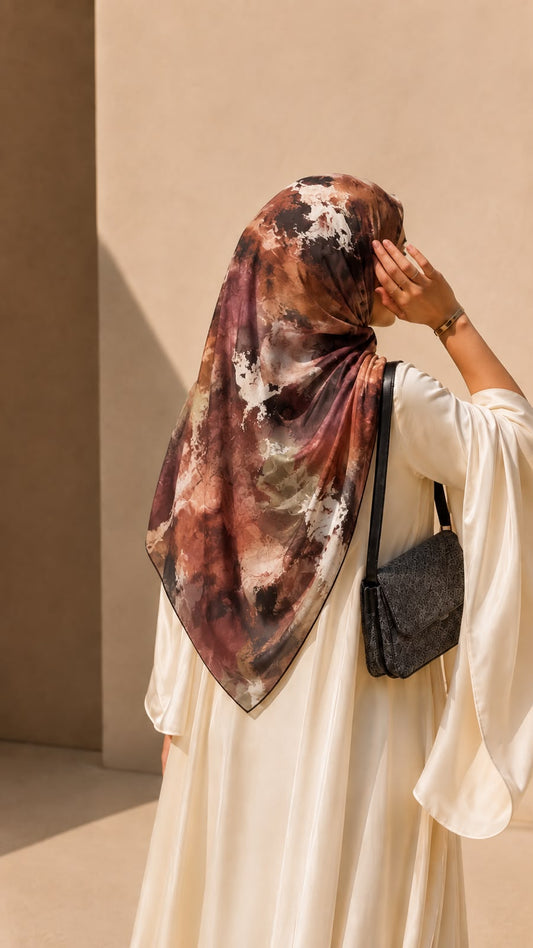 Rosewood mocha abstract square chiffon georgette hijab with dusty mauve, burgundy, taupe and ivory tones by Aynn Alif Pakistan