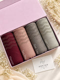 Stones studded ribbed jersey hijabs in Maroon, Tea Pink, Dark Grey and Light Grey, neatly rolled in a premium pink box.