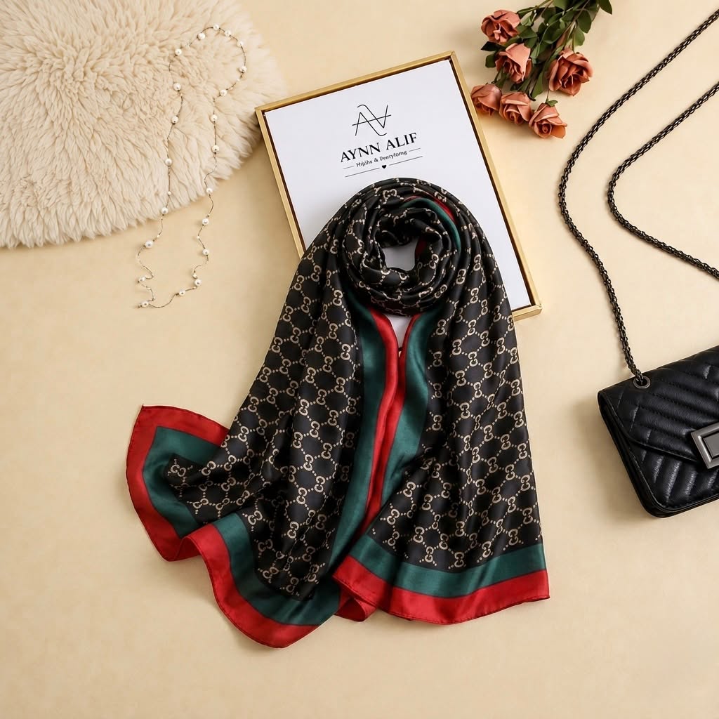 Black printed silk scarf with repeating monogram-inspired pattern and emerald green and deep red border on all four sides by Aynn Alif
