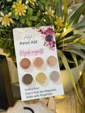 Round metallic hijab magnets in copper, rose gold, silverish gold, black, golden and silver colours by Aynn Alif for elegant hijab styling in Pakistan.