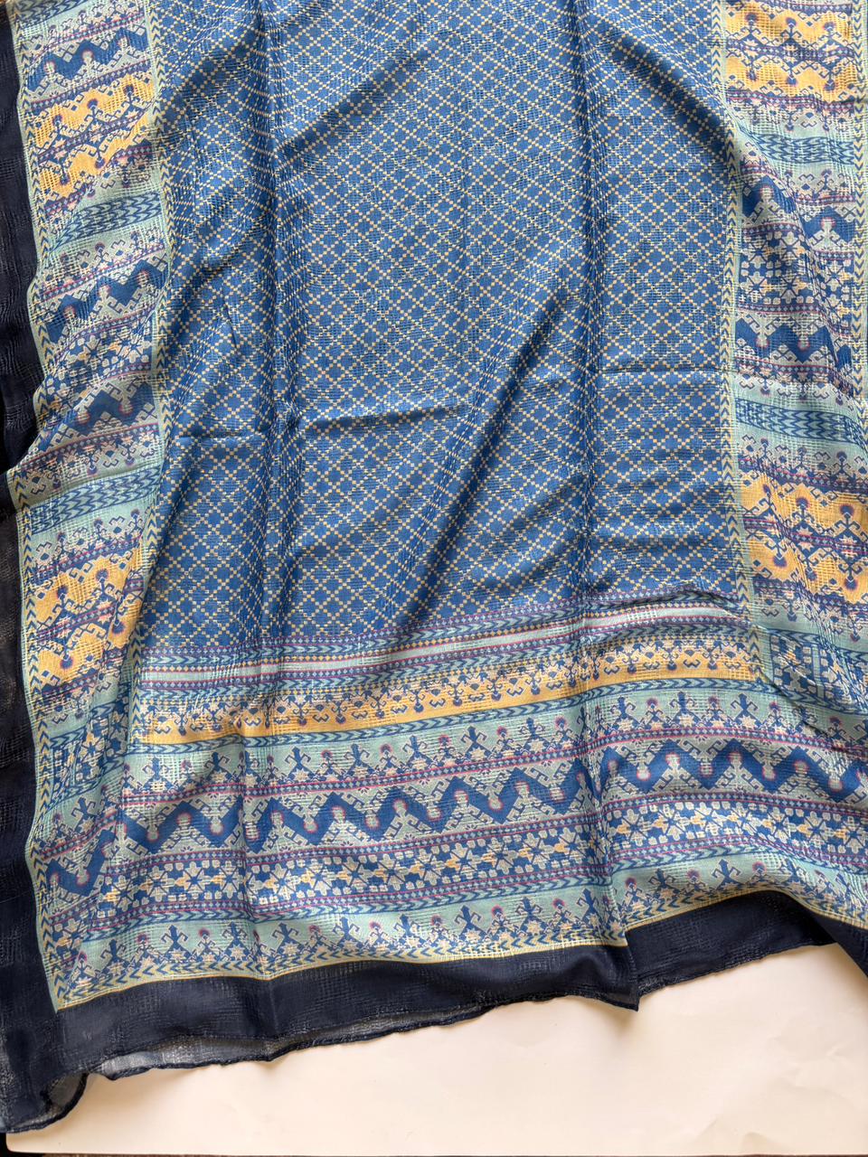 Deep blue hijab with yellow cyan border printed lawn breathable fabric