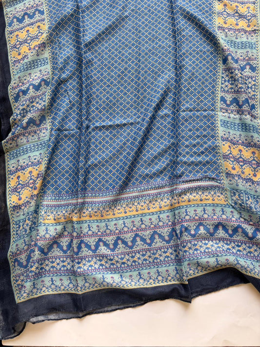 Deep blue hijab with yellow cyan border printed lawn breathable fabric