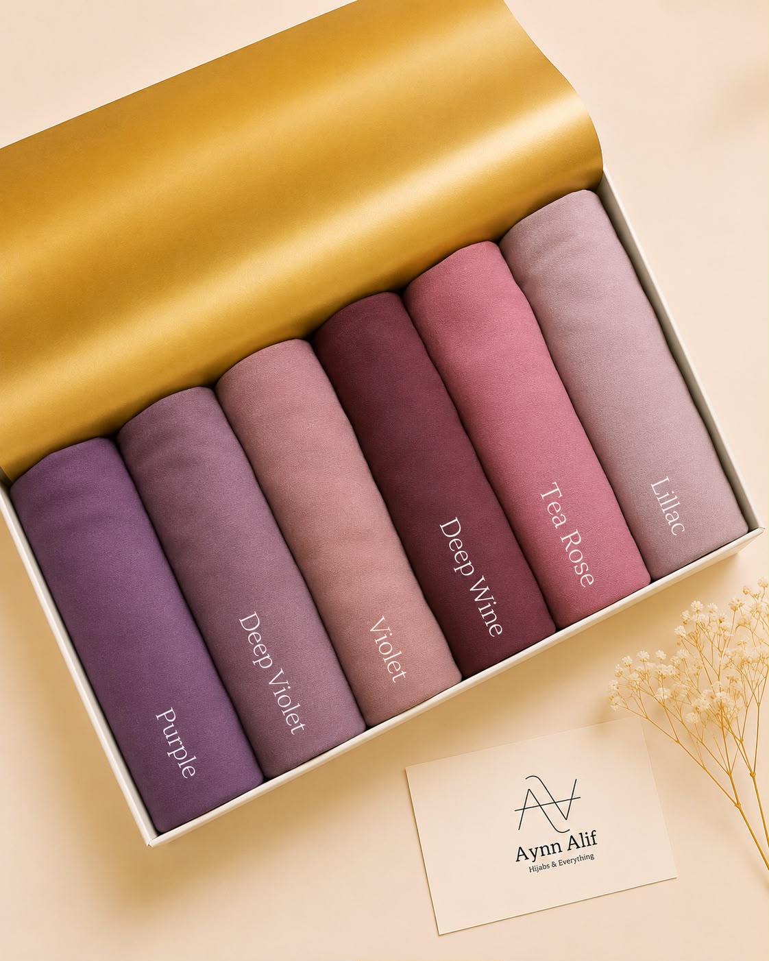 Royal Orchid Chiffon Georgette Hijab Collection by Aynn Alif featuring Purple, Deep Violet, Violet, Deep Wine, Tea Rose and Lilac hijabs.