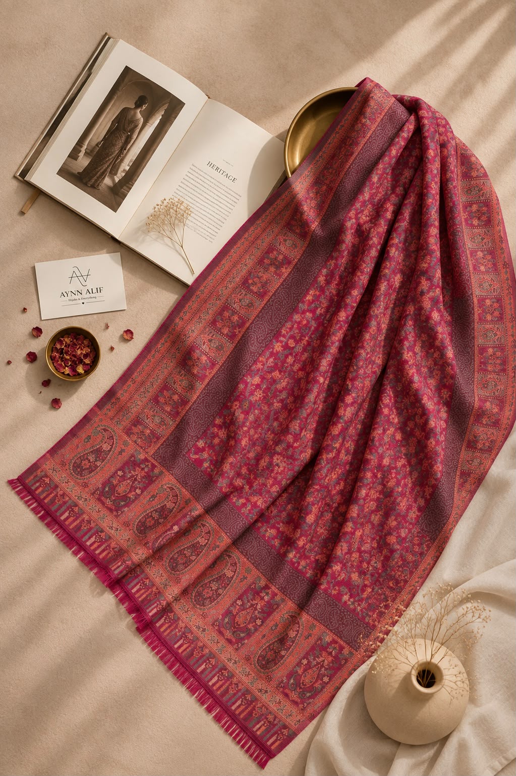Aynn Alif Kashmiri Kani mini shawl in ruby rose and antique rust with intricate ornamental patterns and decorative borders, styled as a versatile shawl, wrap, or scarf.