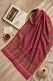 Aynn Alif Kashmiri Kani mini shawl in ruby rose and antique rust with intricate ornamental patterns and decorative borders, styled as a versatile shawl, wrap, or scarf.