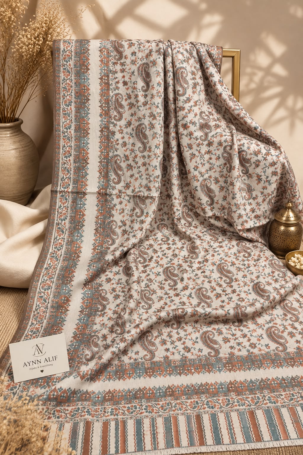 Rust green Kashmiri Kani shawl with an ivory base, intricate rust and sage green paisley motifs, floral prints and decorative borders by Aynn Alif Pakistan