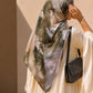 Sage Stone square chiffon georgette hijab with sage green, olive, taupe, beige and ivory abstract print by Aynn Alif Pakistan