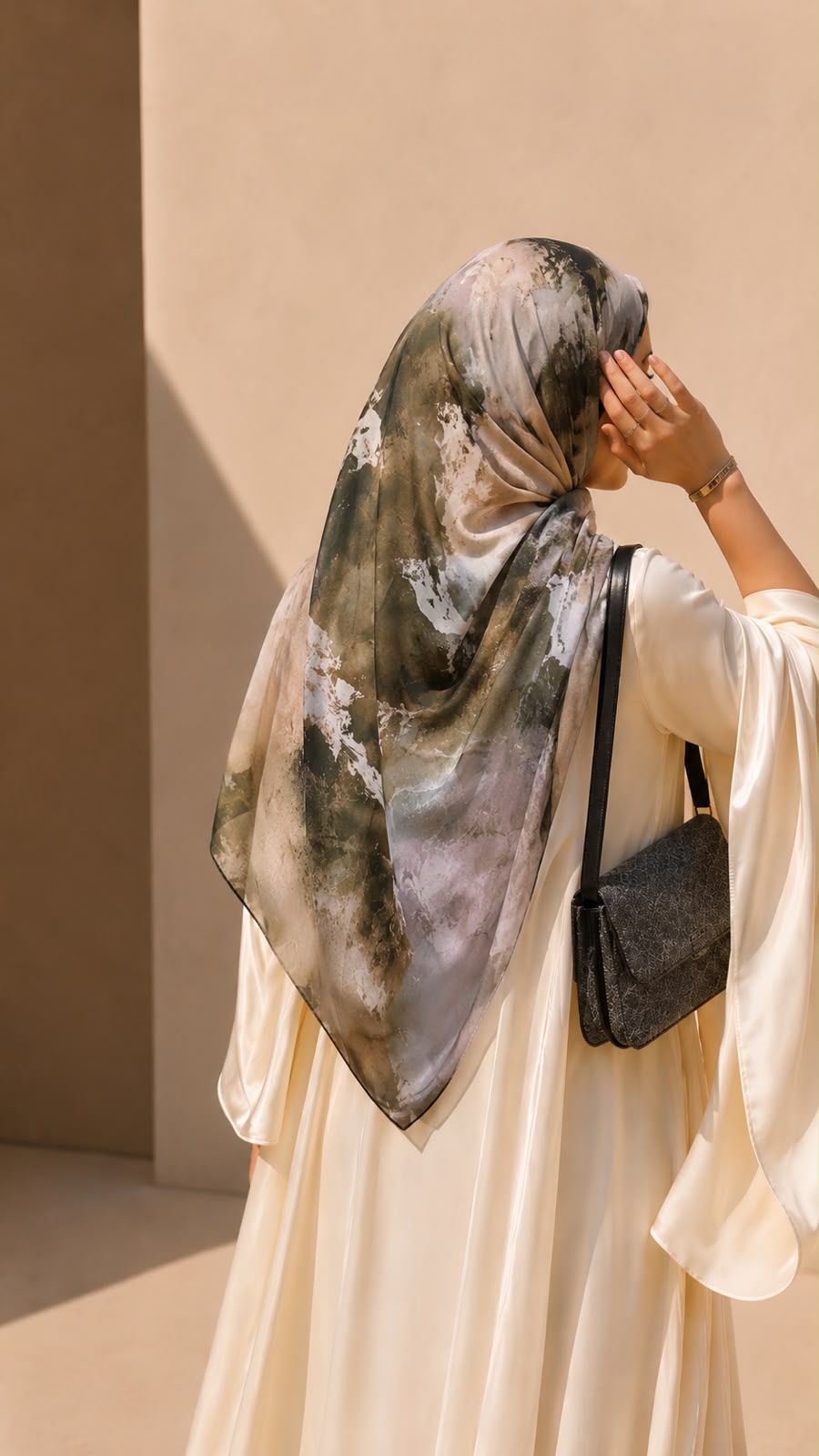 Sage Stone square chiffon georgette hijab with sage green, olive, taupe, beige and ivory abstract print by Aynn Alif Pakistan