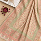 Aynn Alif Kashmiri Kani mini shawl in blush pink, sage green and ivory, featuring delicate floral motifs, intricate paisley borders, ornamental patterns and ivory fringe detailin