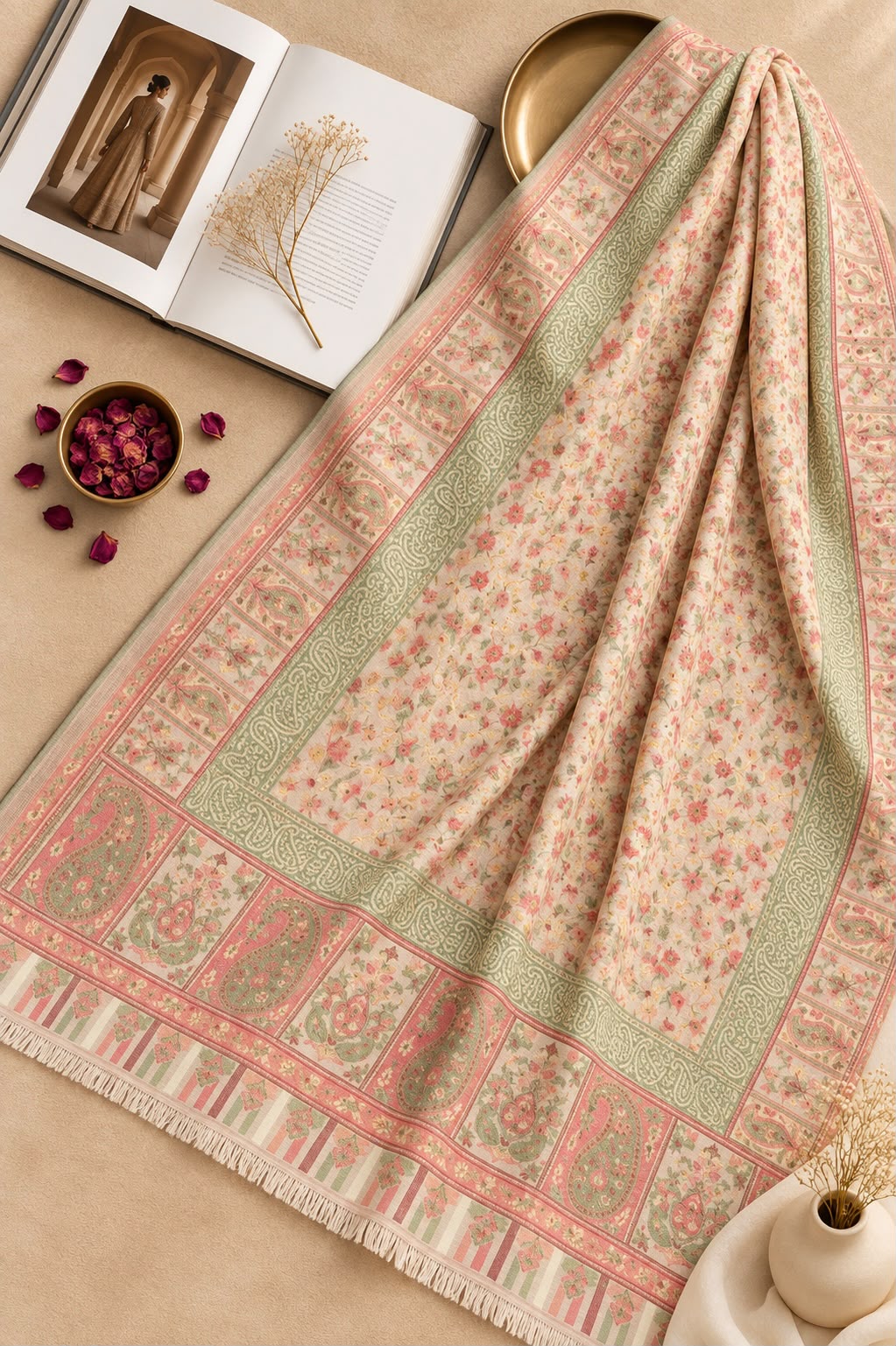 Aynn Alif Kashmiri Kani mini shawl in blush pink, sage green and ivory, featuring delicate floral motifs, intricate paisley borders, ornamental patterns and ivory fringe detailin