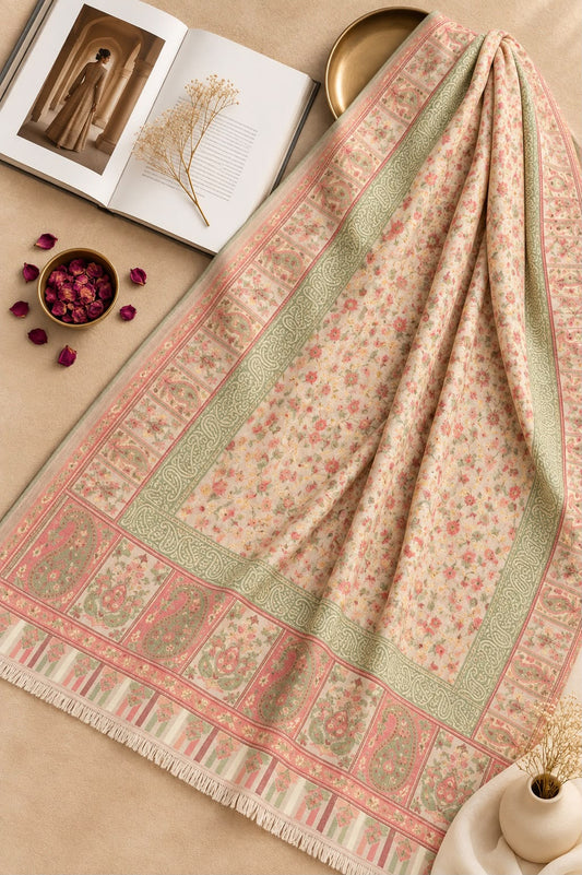Aynn Alif Kashmiri Kani mini shawl in blush pink, sage green and ivory, featuring delicate floral motifs, intricate paisley borders, ornamental patterns and ivory fringe detailin