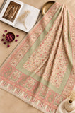 Aynn Alif Kashmiri Kani mini shawl in blush pink, sage green and ivory, featuring delicate floral motifs, intricate paisley borders, ornamental patterns and ivory fringe detailin