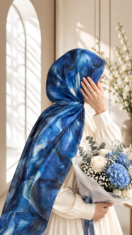 Aynn Alif Sapphire Waves printed sheen silk hijab in royal blue, sapphire, aqua and navy abstract wave pattern