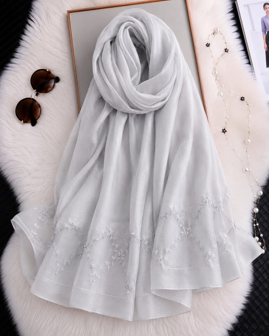 Silver grey cotton silk hijab with embroidered organza border.