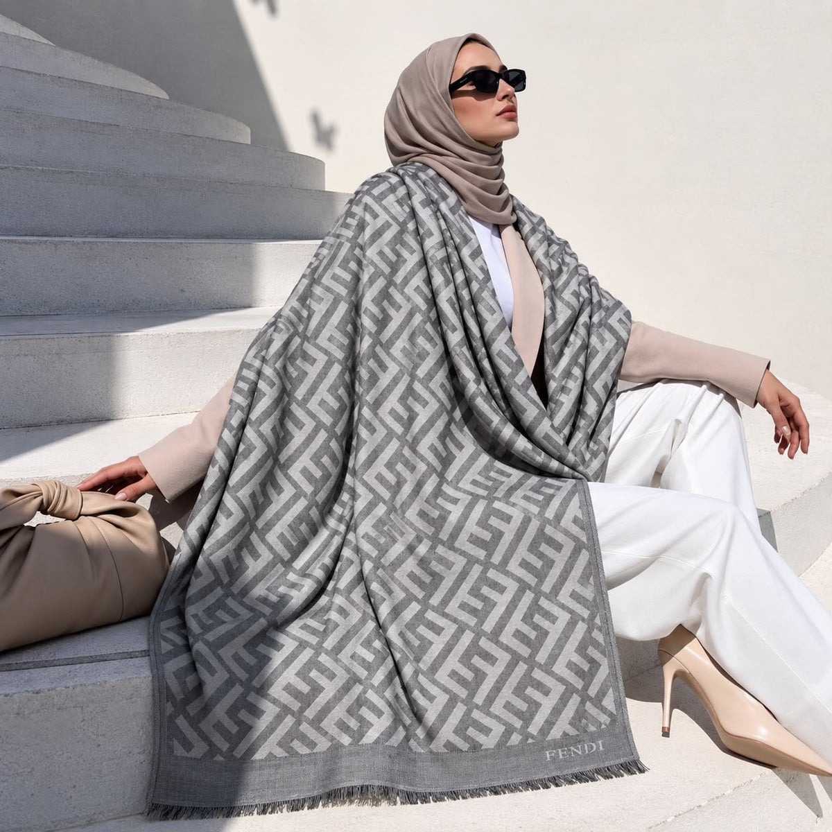 Silver grey geometric pashmina wrap with contrasting interlocking pattern, coordinating border and fringed edges styled for an elegant winter look.