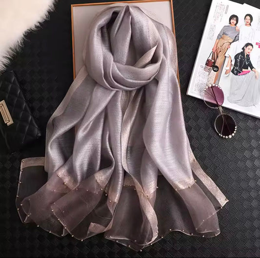 Silver grey khaadi silk hijab with organza border and pearl embellishments