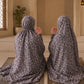 Silver Mist Mother & Daughter Matching Namaz Chaadar Set in steel grey floral lawn fabric with adjustable fit and wudu-friendly elastic sleeves