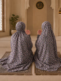 Silver Mist Mother & Daughter Matching Namaz Chaadar Set in steel grey floral lawn fabric with adjustable fit and wudu-friendly elastic sleeves