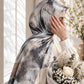 Aynn Alif Silver Mist printed sheen silk hijab in silver, ivory, smoky grey and black abstract print