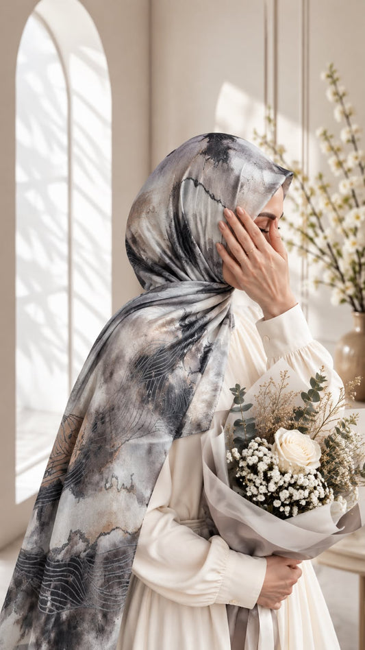 Aynn Alif Silver Mist printed sheen silk hijab in silver, ivory, smoky grey and black abstract print