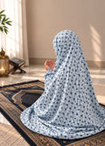 Aynn Alif Sky Blue Kids Namaz Chaadar in soft lawn fabric with elastic sleeves and under-chin fit, designed for comfortable Salah ages 5–9.