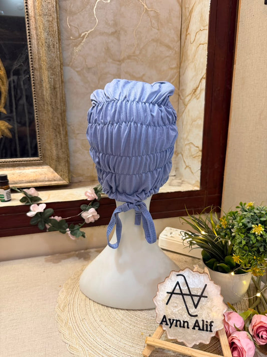 Sky Blue ruched tie back hijab cap made from soft breathable jersey with full head coverage and adjustable tie-back by Aynn Alif.