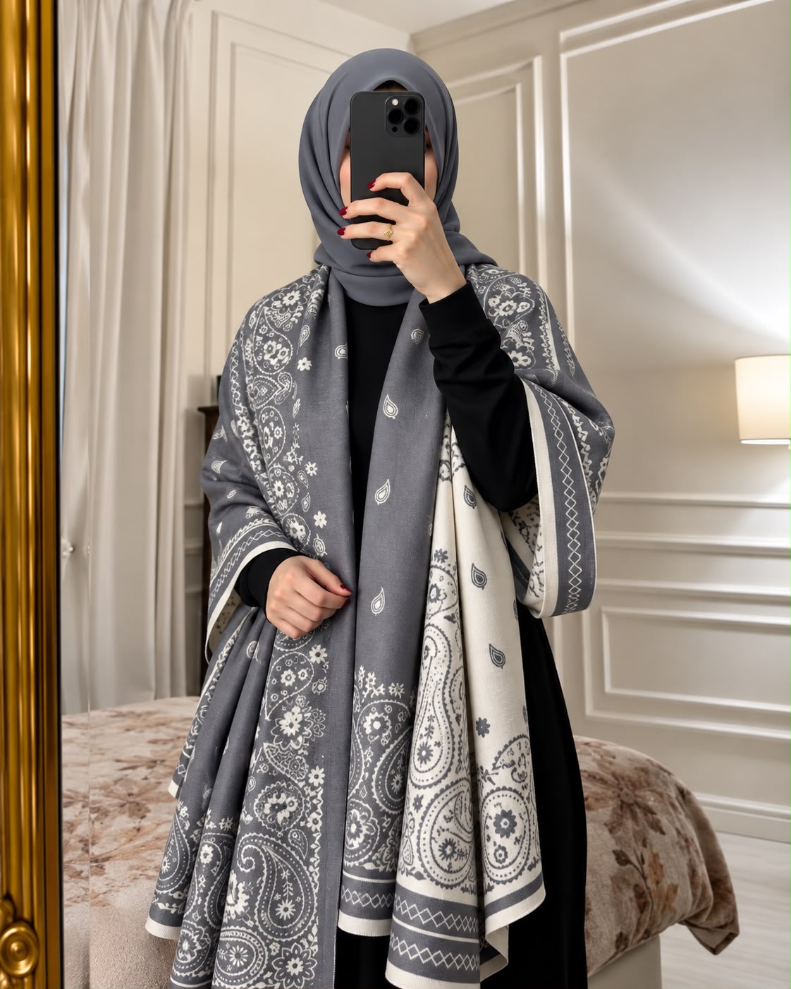 Slate grey and ivory paisley reversible woolen wrap styled over a black modest outfit