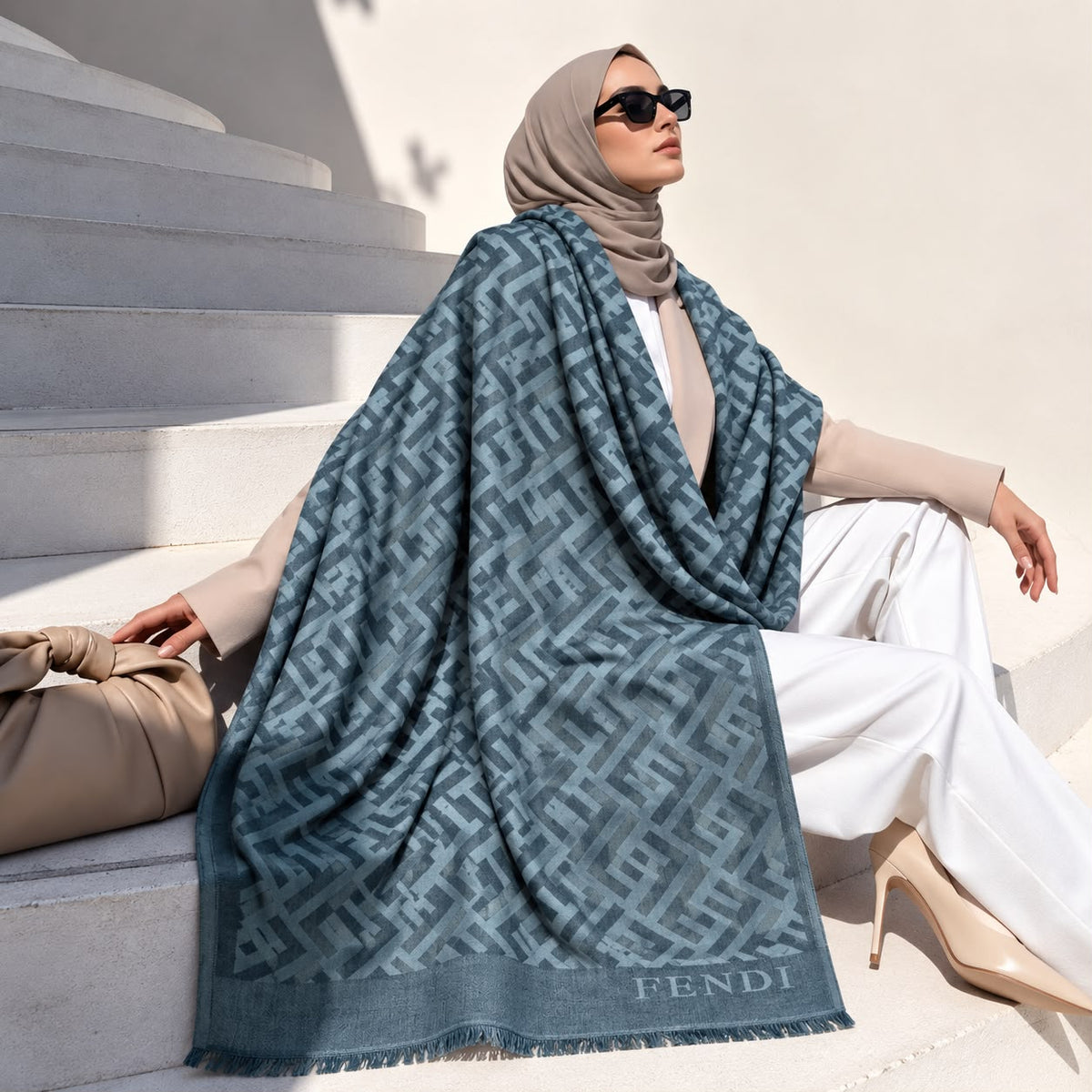 Steel blue geometric monogram-inspired pashmina wrap with tonal blue-grey pattern, coordinating border and fringed edges for elegant winter styling.