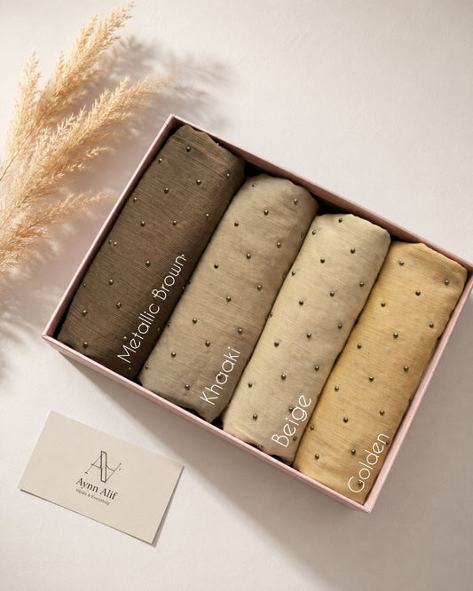 Aynn Alif premium stone studded chiffon zari hijab box set in Metallic Brown, Khaki, Skin and Golden with elegant luxury packaging.