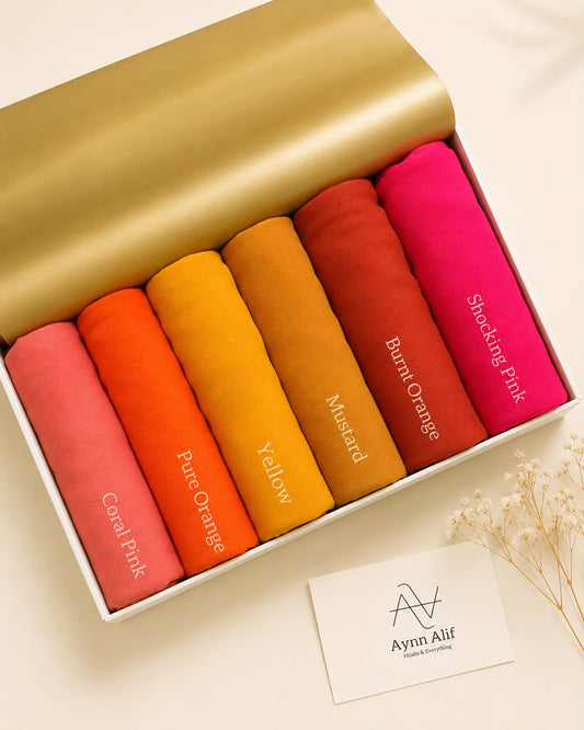 Sunset Bloom Chiffon Georgette Hijab Collection by Aynn Alif featuring Coral Pink, Pure Orange, Yellow, Mustard, Burnt Orange and Shocking Pink scarves.