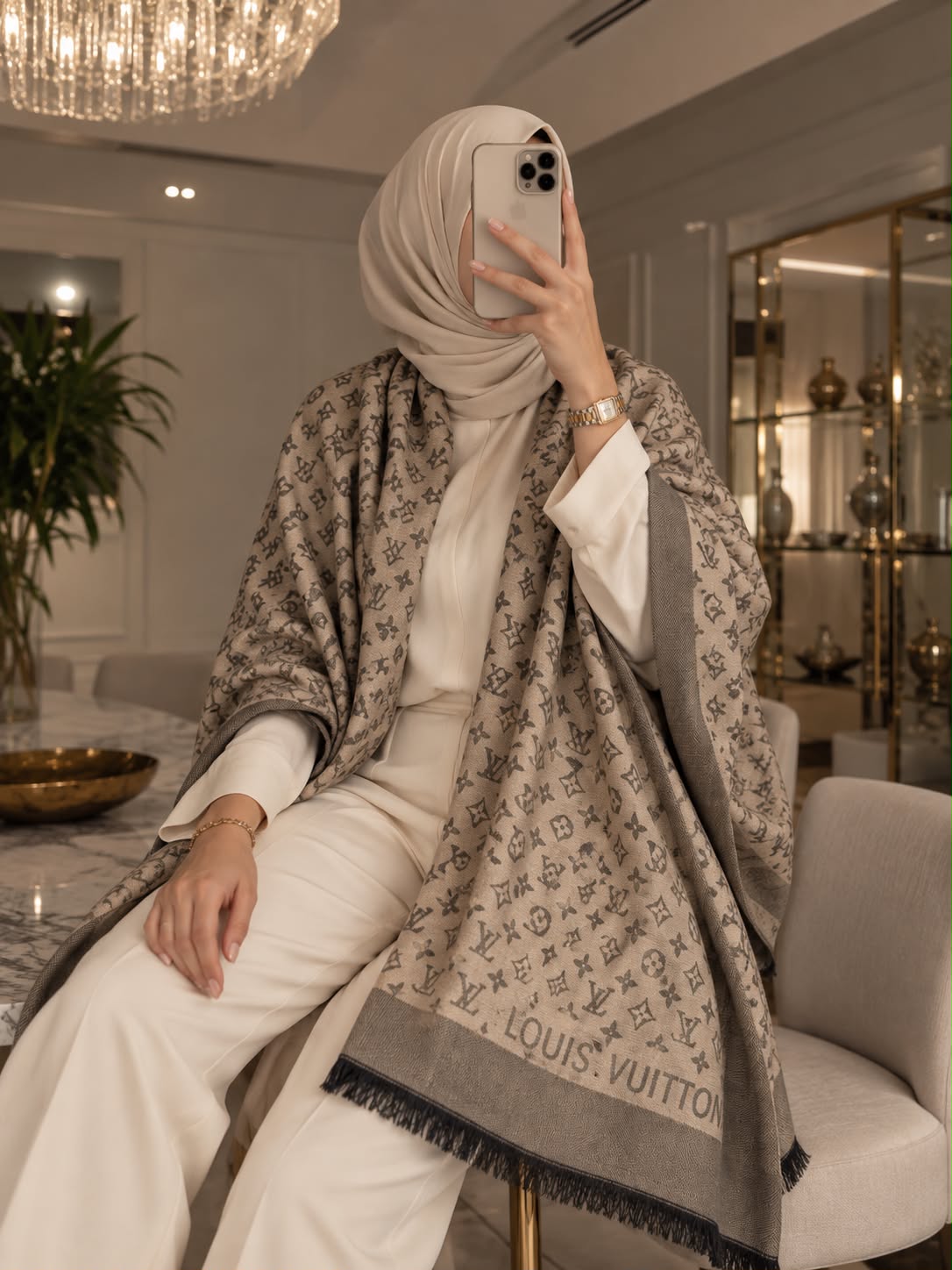 Taupe beige monogram-inspired pashmina wrap with grey-brown detailing, border and fringed edges for elegant winter styling.