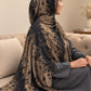 AYNN ALIF taupe beige and black floral lattice print modal lawn hijab styled with a charcoal grey outfit.