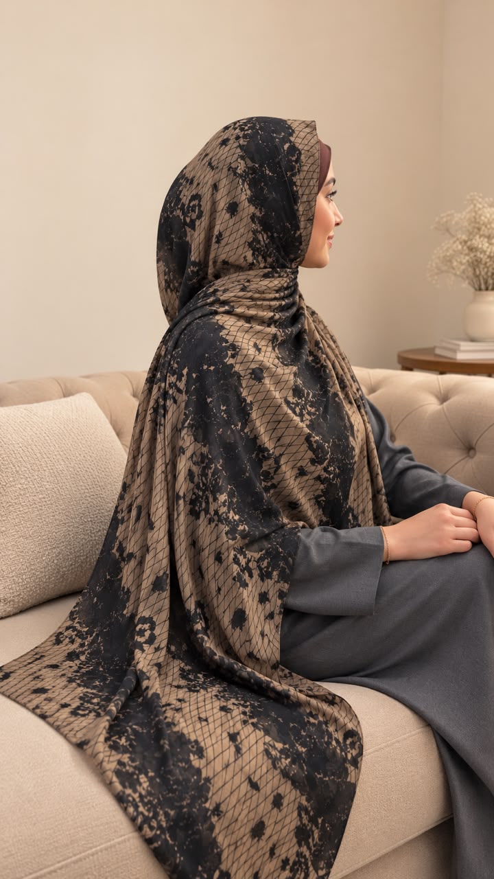 AYNN ALIF taupe beige and black floral lattice print modal lawn hijab styled with a charcoal grey outfit.