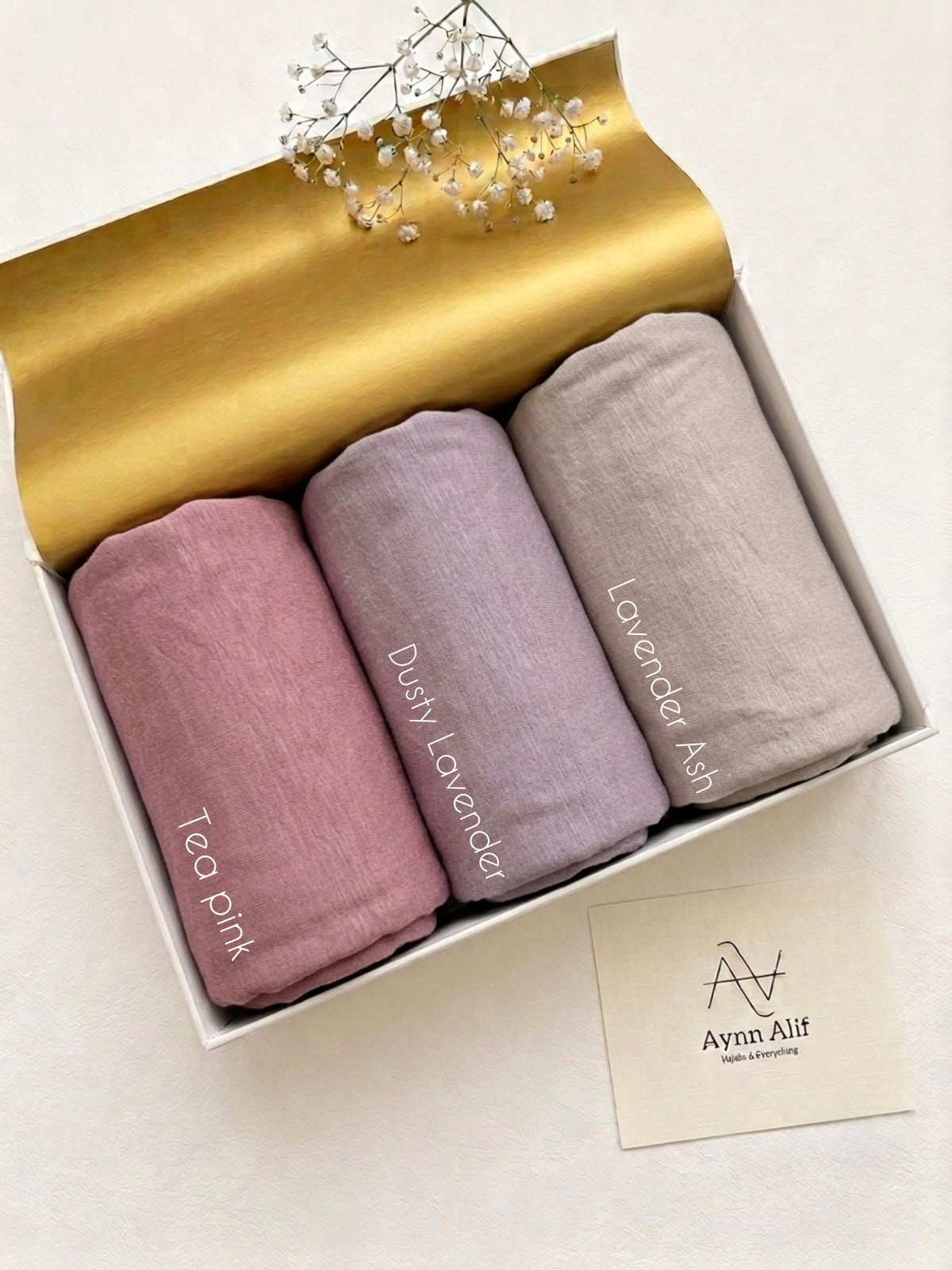 Aynn Alif oversized Turkish Plain Jersey Hijabs in tea pink, dusty lavender and lavender ash, measuring 76×34 inches