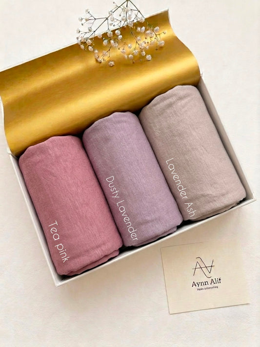 Aynn Alif oversized Turkish Plain Jersey Hijabs in tea pink, dusty lavender and lavender ash, measuring 76×34 inches