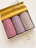 Aynn Alif oversized Turkish Plain Jersey Hijabs in tea pink, dusty lavender and lavender ash, measuring 76×34 inches