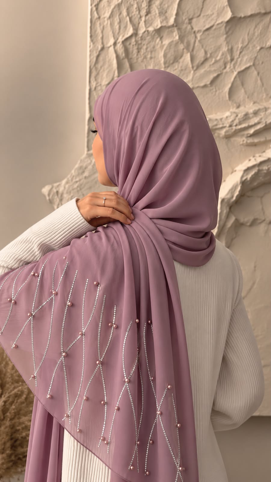 Tea pink chiffon georgette hijab with delicate stone and pearl embellishments