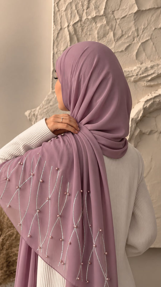 Tea pink chiffon georgette hijab with delicate stone and pearl embellishments
