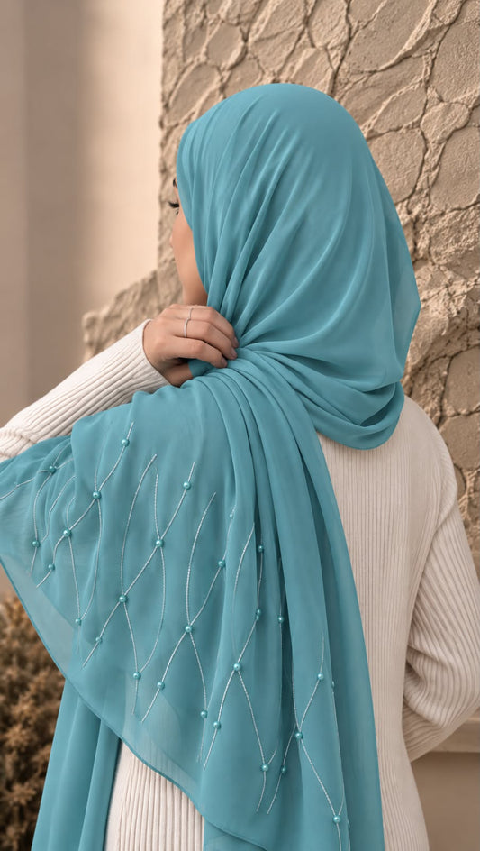 Teal blue chiffon georgette hijab with delicate stone and pearl embellishments