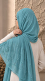 Teal blue chiffon georgette hijab with delicate stone and pearl embellishments