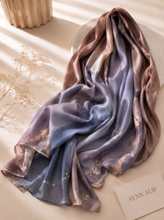 Aynn Alif printed modal lawn hijab in dusty rose, mauve and slate blue gradient print, extra-large breathable soft scarf for modest wear.