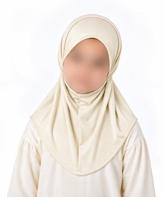 Vanilla kids jersey scarf for girls age 5-9 years in Pakistan with breathable soft fabric and modest half-body coverage.
